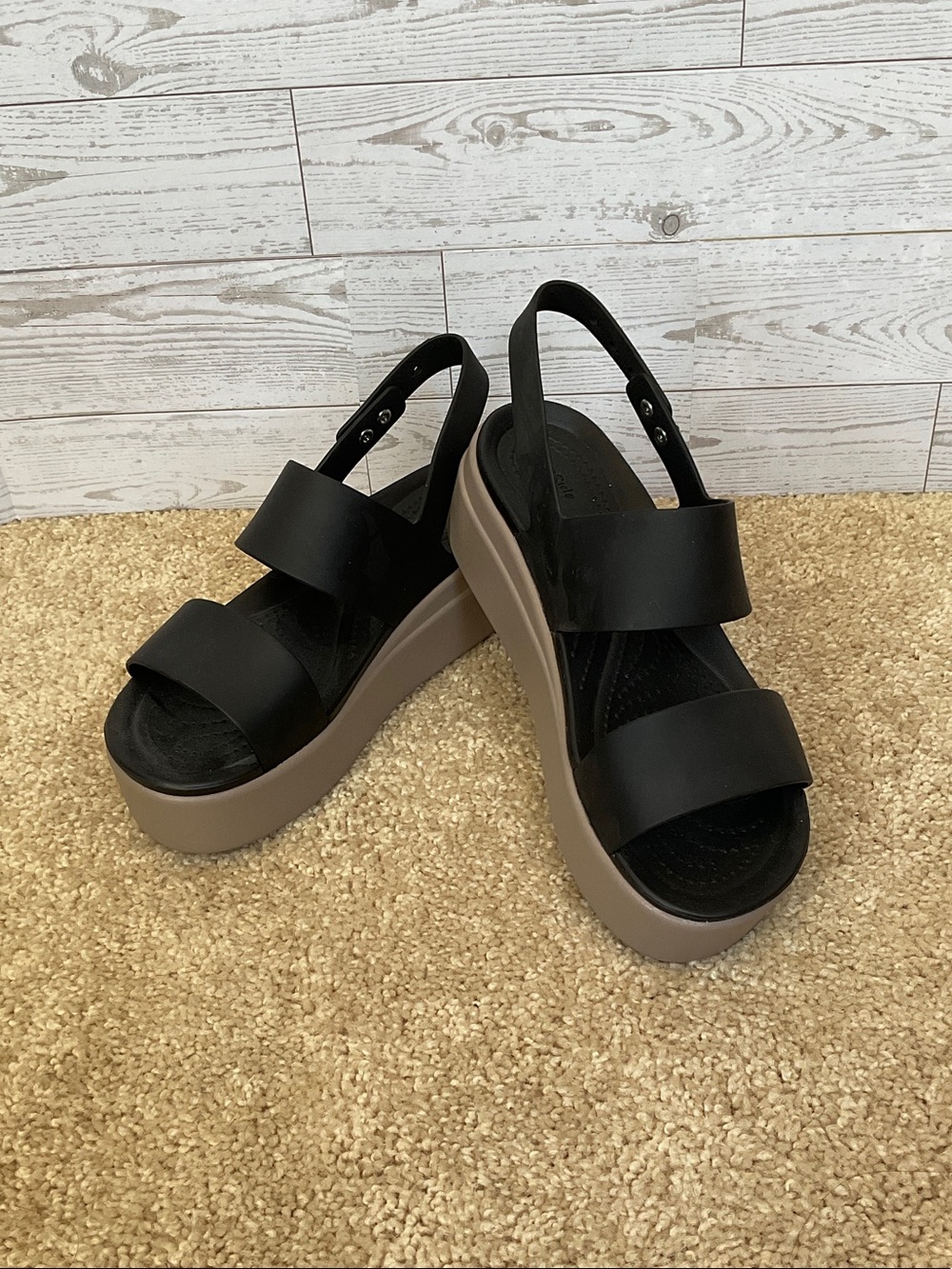 CROCS Black Upper with Tan Platform Slingback Platforms